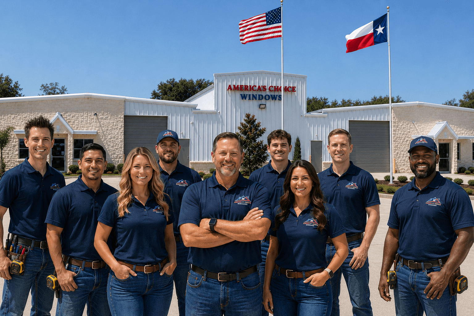 America’s Choice Windows replacement window installation team at company headquarters in League City Texas serving Greater Houston homeowners.